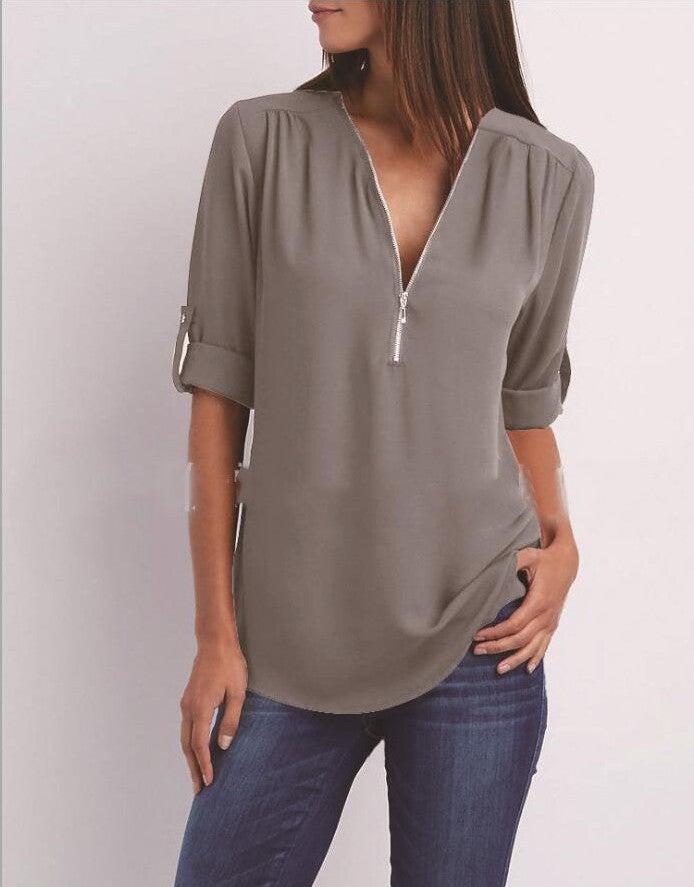2026 V-Neck Zipper Plus Size Women's Long Sleeve Loose Chiffon Shirt