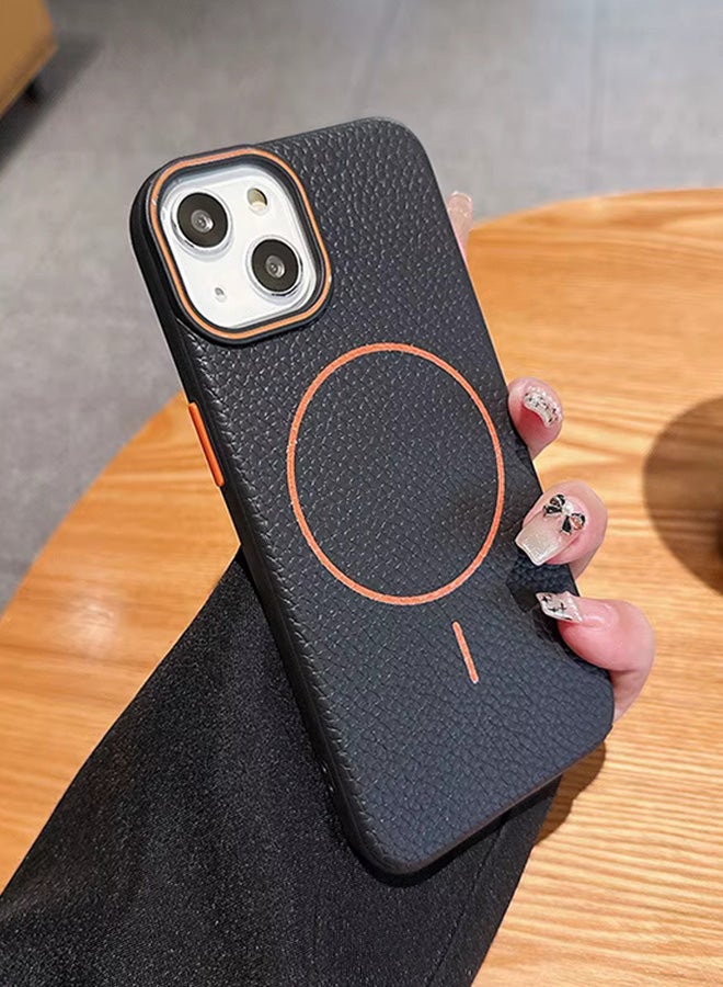 Magsafe Phone Case For iPhone 13 With High Quality Rubber Frame And Slim Lychee Pattern Leather Case with Camera Lens Protection Shockproof Cover And support wireless Charging Leather Cover for iPhone 13 - Black - Image 3