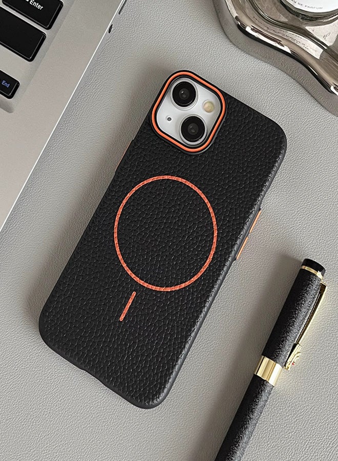 Magsafe Phone Case For iPhone 13 With High Quality Rubber Frame And Slim Lychee Pattern Leather Case with Camera Lens Protection Shockproof Cover And support wireless Charging Leather Cover for iPhone 13 - Black - Image 2