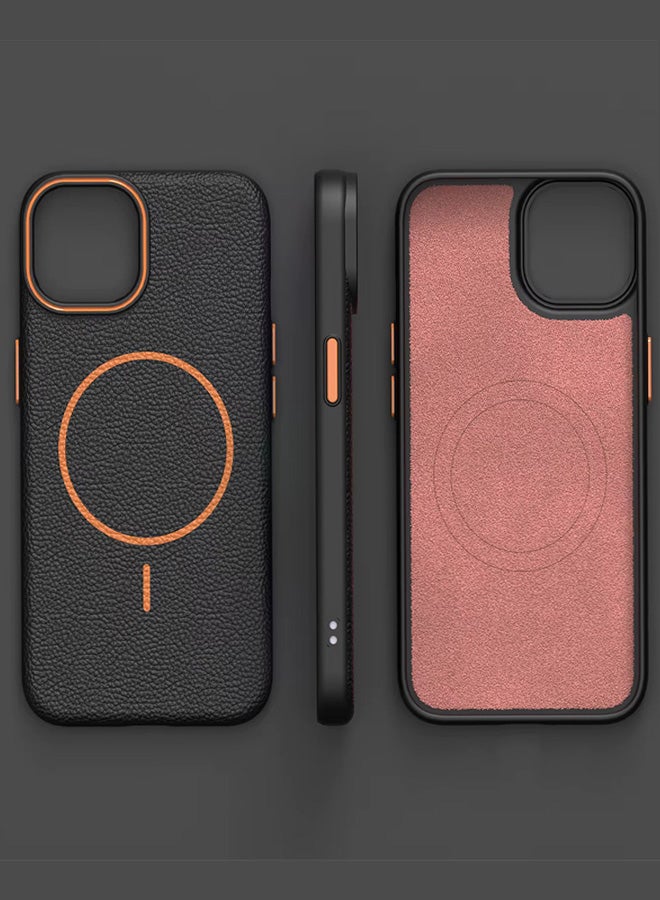 Magsafe Phone Case For iPhone 13 With High Quality Rubber Frame And Slim Lychee Pattern Leather Case with Camera Lens Protection Shockproof Cover And support wireless Charging Leather Cover for iPhone 13 - Black - Image 1