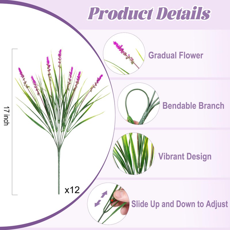Ammyoo Artificial Flowers Faux Plants for Outdoor Decoration, 12 Bundles Fake Monkey Grass for Home Garden Front Porch Balcony, Lavender Flowers Shrubs UV Resistant No Fade Greenery Bush Planter (Lotus) - Image 2