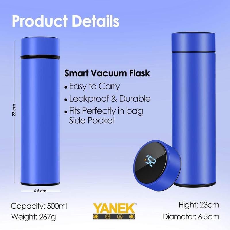 YANEK Smart Water Bottle Stainless Steel – Travel Mug with Smart LCD Touch Screen Temperature Display, Leak-Proof, Hot & Cold Beverage Flask, Ideal for Travel, Gym, Office, & Daily Use (BLUE) - Image 3