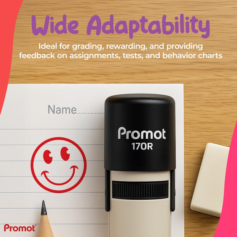 Promot - Self-Inking Stamps for Teachers, Round Rubber Stamp for Grading & Feedback, Quick-Dry Ink Stamps, Clear Imprint, Refillable Classroom Stamp & No-Mess Design (Smiley Red) - Image 4