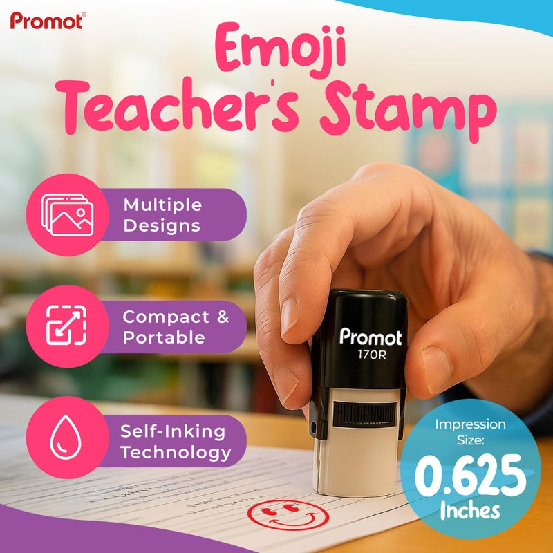 Promot - Self-Inking Stamps for Teachers, Round Rubber Stamp for Grading & Feedback, Quick-Dry Ink Stamps, Clear Imprint, Refillable Classroom Stamp & No-Mess Design (Smiley Red) - Image 2