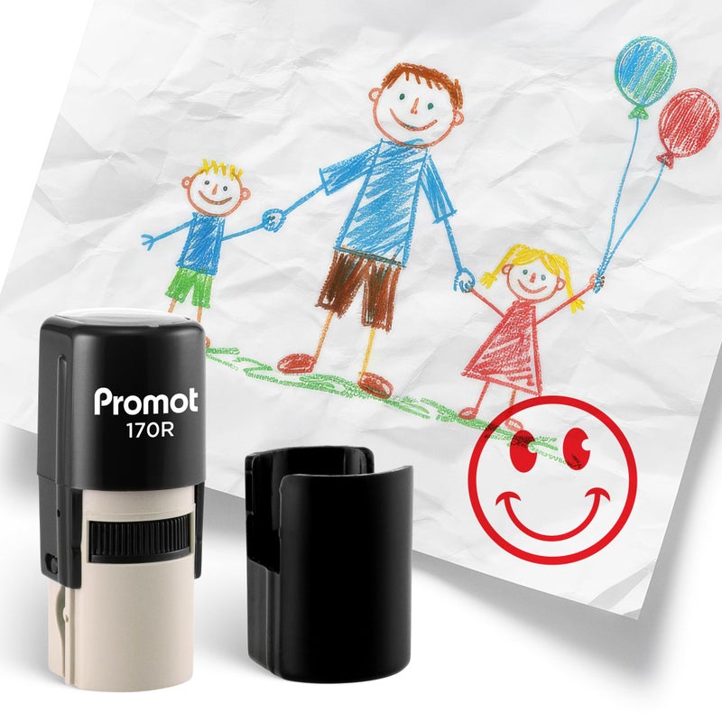 Promot - Self-Inking Stamps for Teachers, Round Rubber Stamp for Grading & Feedback, Quick-Dry Ink Stamps, Clear Imprint, Refillable Classroom Stamp & No-Mess Design (Smiley Red) - Image 1