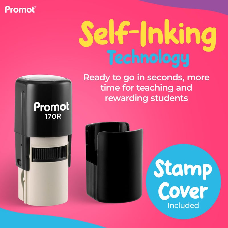 Promot - Self-Inking Stamps for Teachers, Round Rubber Stamp for Grading & Feedback, Quick-Dry Ink Stamps, Clear Imprint, Refillable Classroom Stamp & No-Mess Design (Smiley Red) - Image 5