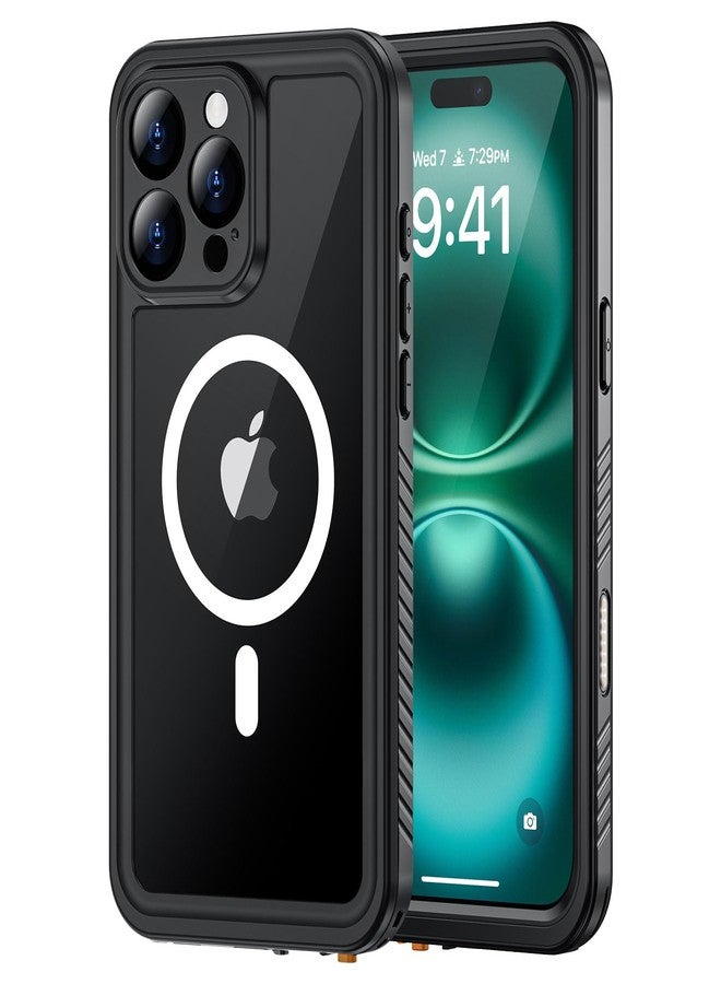 جراب Lanhiem المغناطيسي المقاوم للماء لهاتف iPhone 16 Pro، جراب مقاوم للغبار مع واقي شاشة مدمج [متوافق مع MagSafe]، غطاء هاتف قوي ومتين كامل الجسم لهاتف iPhone 16 Pro 6.3 بوصة (أسود/شفاف) - Image 1