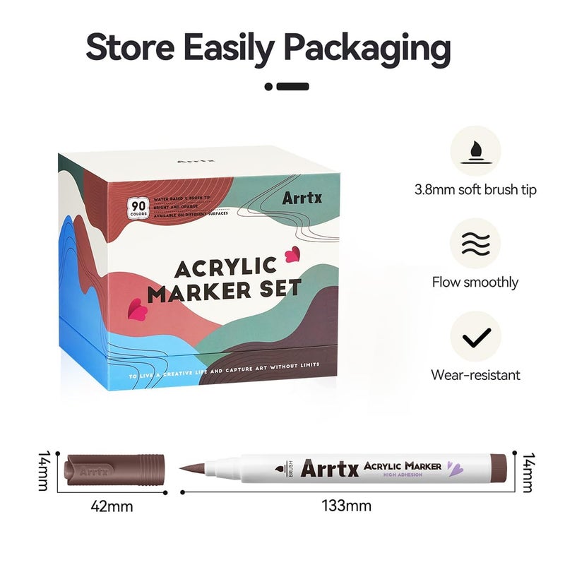 Arrtx 90 Colors Paint Markers, Acrylic Paint Pens for Artists Adults Coloring Drawing - Extra Brush Tip for Rock Painting, Wood, Canvas, DIY Crafts Making Art Supplies - Image 3