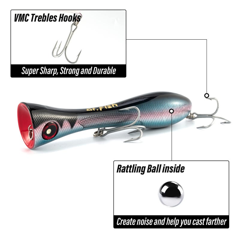 Dr.Fish Popper Saltwater Fishing Lures, 8 Inches GT Popper VMC Treble Hooks Surf Fishing Lures for Striper Tuna Barracuda Mackerel Snapper Bluefish Pencil Plugs Offshore Silver Black Back - Image 3