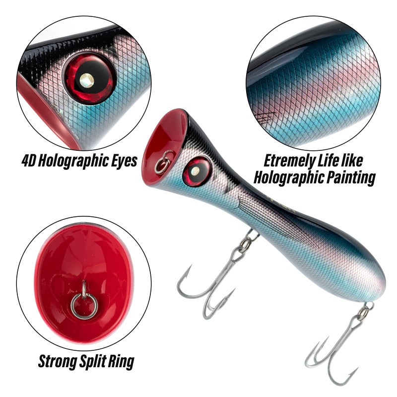 Dr.Fish Popper Saltwater Fishing Lures, 8 Inches GT Popper VMC Treble Hooks Surf Fishing Lures for Striper Tuna Barracuda Mackerel Snapper Bluefish Pencil Plugs Offshore Silver Black Back - Image 4