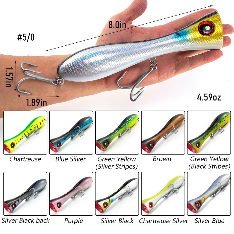 Dr.Fish Popper Saltwater Fishing Lures, 8 Inches GT Popper VMC Treble Hooks Surf Fishing Lures for Striper Tuna Barracuda Mackerel Snapper Bluefish Pencil Plugs Offshore Silver Black Back - Image 2