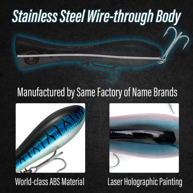 Dr.Fish Popper Saltwater Fishing Lures, 8 Inches GT Popper VMC Treble Hooks Surf Fishing Lures for Striper Tuna Barracuda Mackerel Snapper Bluefish Pencil Plugs Offshore Silver Black Back - Image 5