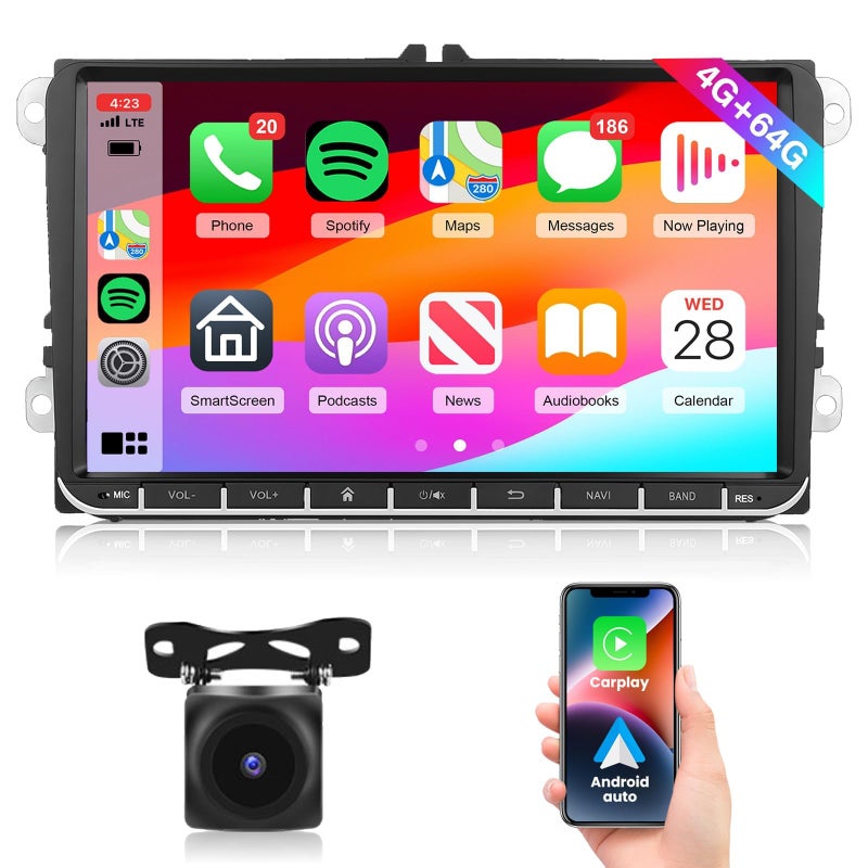 راديو سيارة 4G64G مع وايرلس كار بلاي أندرويد أوتو 9 إنش IPS أندرويد 13 GPS واي فاي بلوتوث DSP صوت شاشة لمس وحدة رئيسية لسيارات فولكس فاجن باسات جيتا تيغوان جولف MK5 MK6 T5 EOS بولو