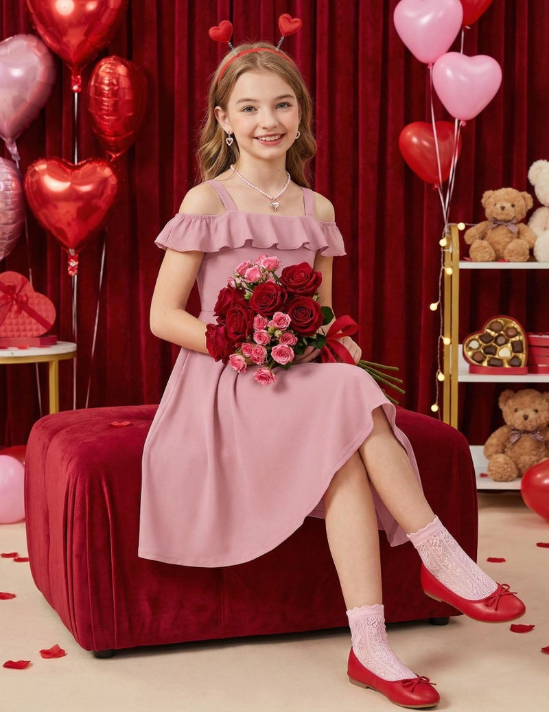 Arshiner Girl's Cold Shoulder Sleeveless Summer Casual Sundress A-line Dress with Pockets,Pink,11-12 Years - Image 4