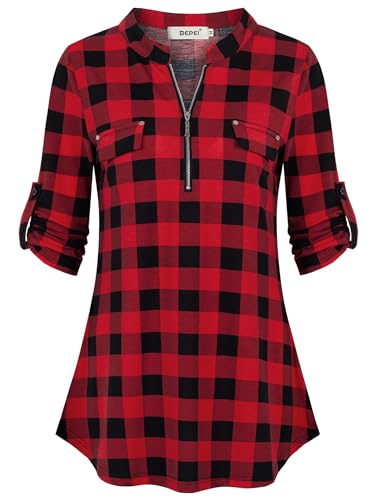 BEPEI Fall Clothes for Women,Plaid Shirts Christmas Trendy 3/4 Sleeve Tops 2025 Zip up V Neck Casual Work Dressy Blouses Petite Vintage Tunics Ladies Clothing Flannel Shirt, Black Red M - Image 1