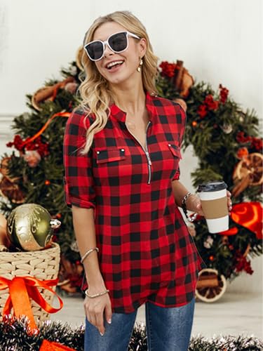 BEPEI Fall Clothes for Women,Plaid Shirts Christmas Trendy 3/4 Sleeve Tops 2025 Zip up V Neck Casual Work Dressy Blouses Petite Vintage Tunics Ladies Clothing Flannel Shirt, Black Red M - Image 5