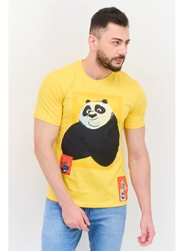 Men Round Neck Short Sleeves Panda Print T-Shirt, Yellow