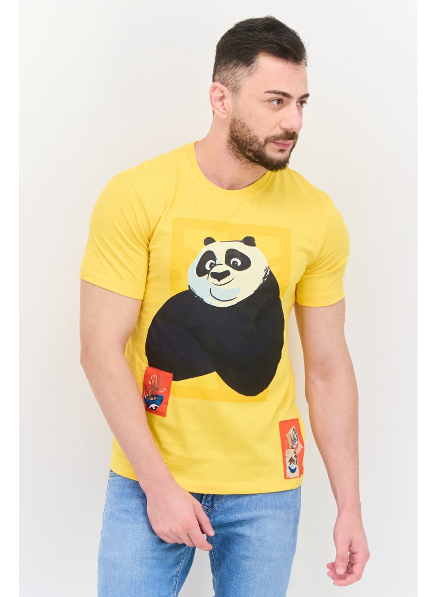 Kung Fu Panda - Men Round Neck Short Sleeves Panda Print T-Shirt, Yellow - Image 1
