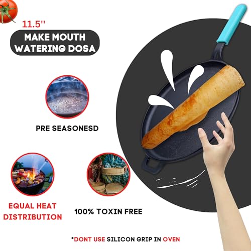 GEMMA Cast Iron Dosa Tawa with Long Handle - Preseasoned, Naturally Non-Stick Iron Pan for Perfect Dosas - Big Size, Induction Base Compatible with Silicone Grip for Effortless Cooking, 29 cm - Image 4