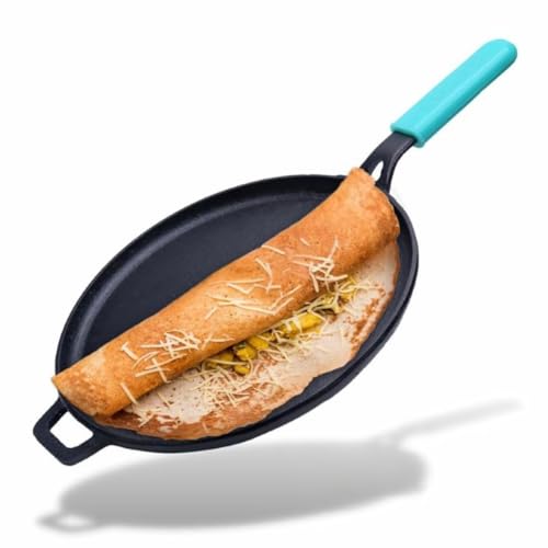 GEMMA Cast Iron Dosa Tawa with Long Handle - Preseasoned, Naturally Non-Stick Iron Pan for Perfect Dosas - Big Size, Induction Base Compatible with Silicone Grip for Effortless Cooking, 29 cm - Image 1