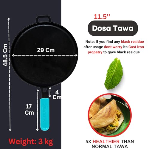 GEMMA Cast Iron Dosa Tawa with Long Handle - Preseasoned, Naturally Non-Stick Iron Pan for Perfect Dosas - Big Size, Induction Base Compatible with Silicone Grip for Effortless Cooking, 29 cm - Image 3