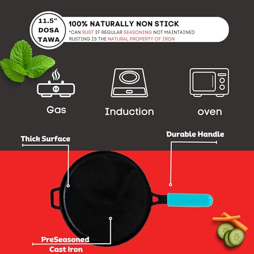 GEMMA Cast Iron Dosa Tawa with Long Handle - Preseasoned, Naturally Non-Stick Iron Pan for Perfect Dosas - Big Size, Induction Base Compatible with Silicone Grip for Effortless Cooking, 29 cm - Image 5