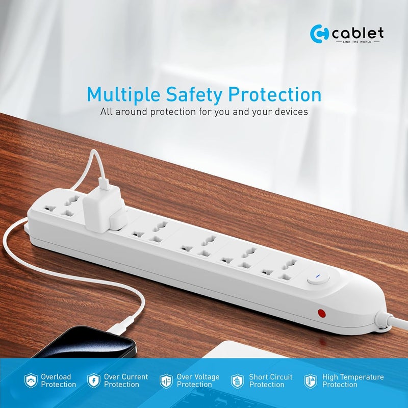 Cablet Extension Board 1500W 6A | 6 Universal Multi Plug Sockets with Surge Protector, Overload Protection, 4.5M Heavy Duty Cord, LED Indicator Master Switch, Spike Guard Power Strip for Home & Office - Image 3