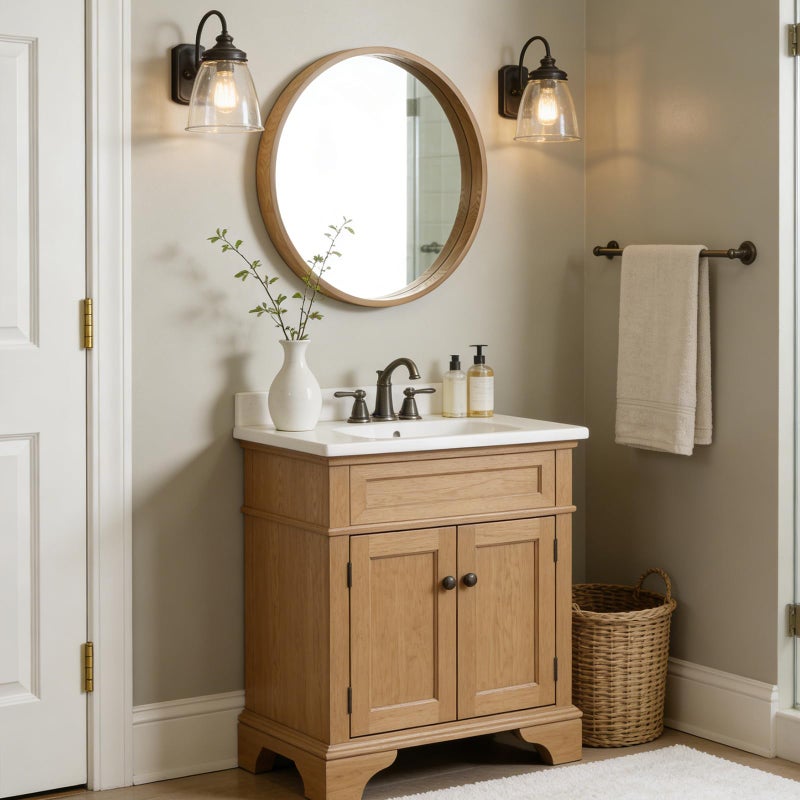WallBeyond 24 Inch Natural Round Wood Mirror, Circle Wooden Frame Wall Mirror for Bathroom, Living Room, Bedroom, Entryway - Image 2