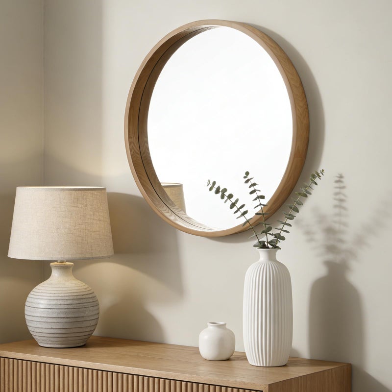 WallBeyond 24 Inch Natural Round Wood Mirror, Circle Wooden Frame Wall Mirror for Bathroom, Living Room, Bedroom, Entryway - Image 3