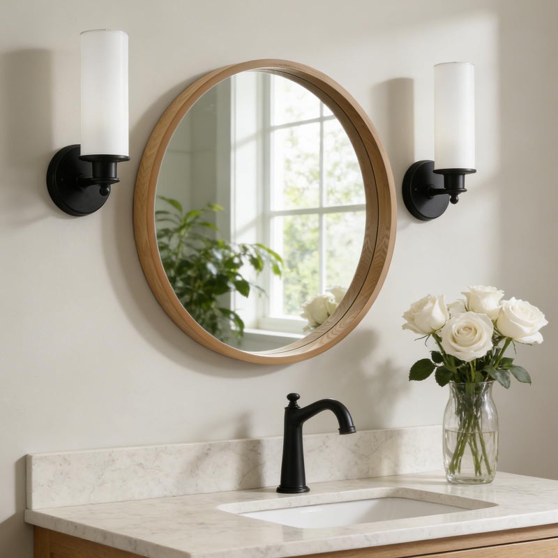 WallBeyond 24 Inch Natural Round Wood Mirror, Circle Wooden Frame Wall Mirror for Bathroom, Living Room, Bedroom, Entryway - Image 1