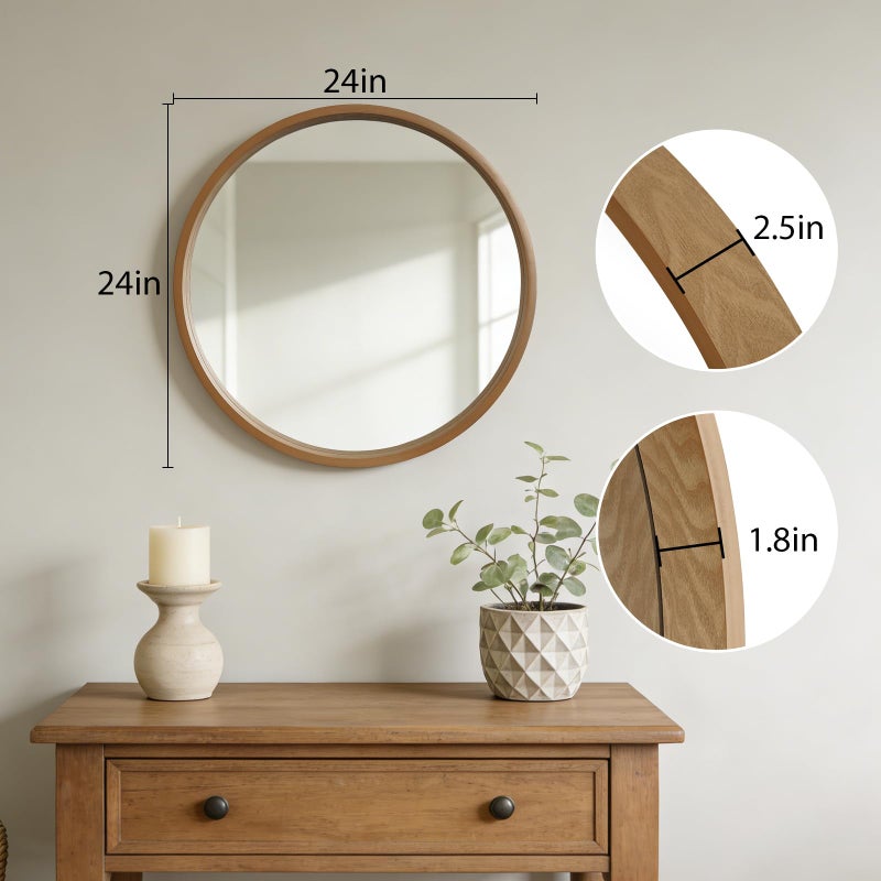 WallBeyond 24 Inch Natural Round Wood Mirror, Circle Wooden Frame Wall Mirror for Bathroom, Living Room, Bedroom, Entryway - Image 5