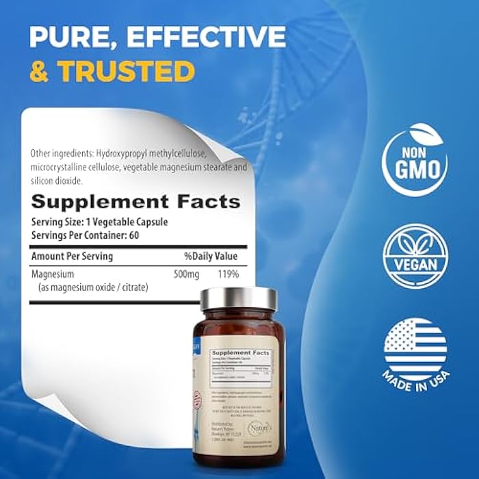Nature's Potent Magnesium Supplements | Magnesium Citrate & Magnesium Oxide 500mg | Vegan Magnesium Supplement for Women & Men | USA Made Magnesium for Sleep Support - 60 Veggie Capsules - Image 5