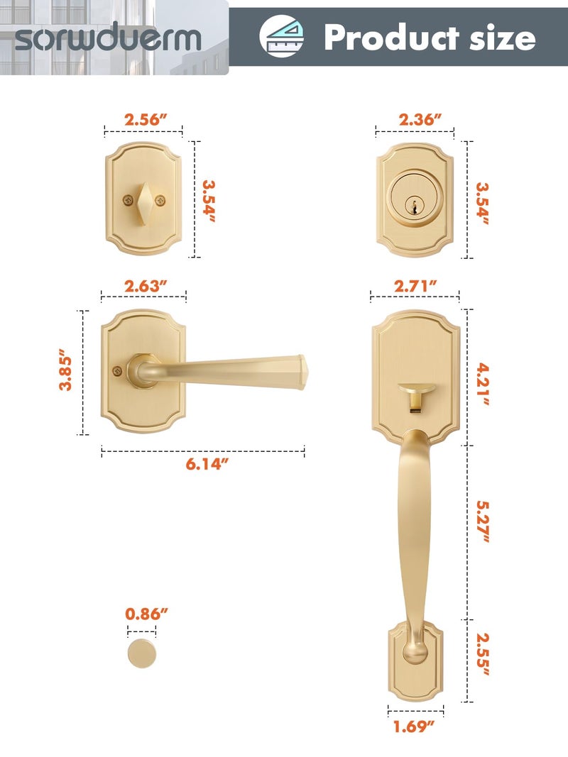 SORWDUERM 1 Pack Gold Front Door Handle and Deadbolt Set Reversible Brushed Brass Lever Entry Lock Handleset with Key Single Cylinder - Image 5