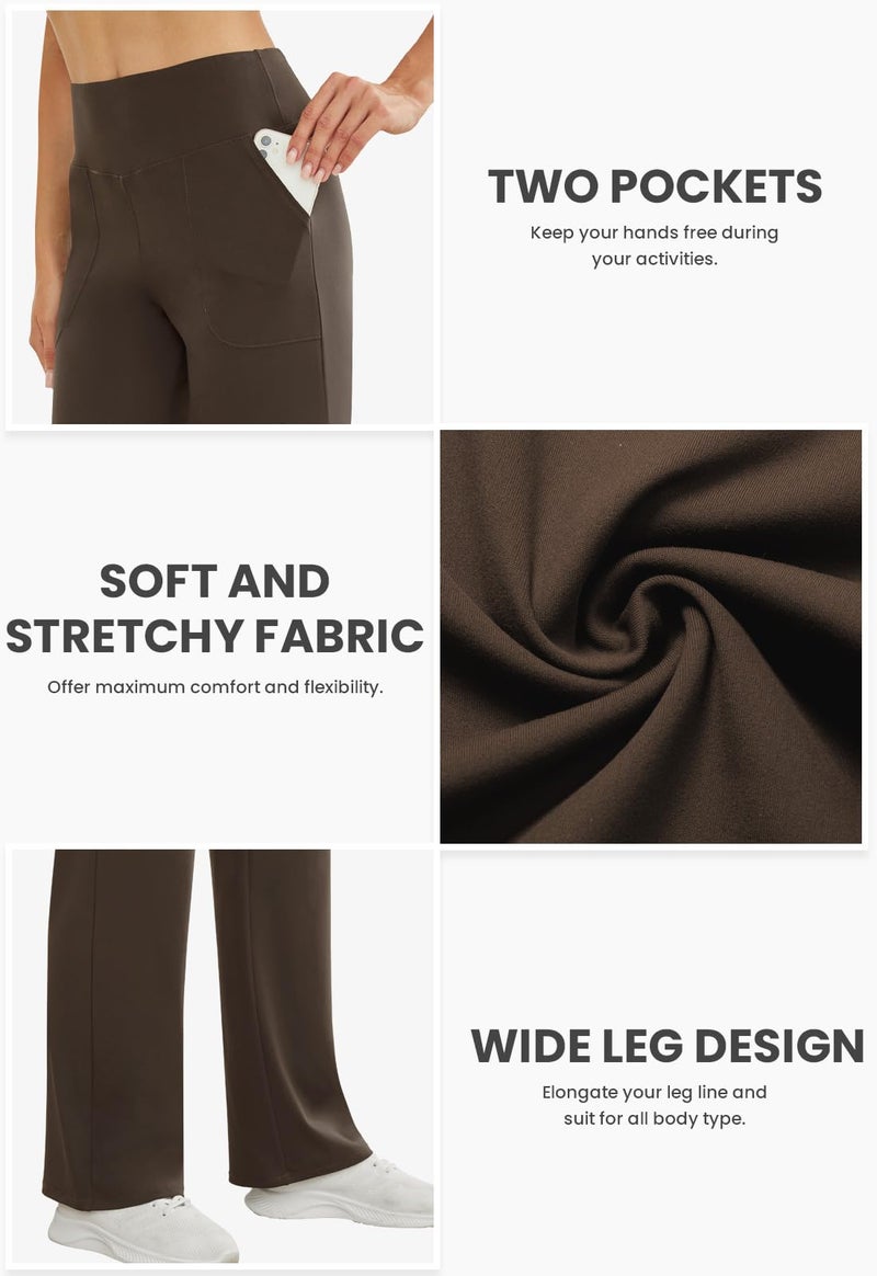 COPYLEAF Wide Leg Pants Woman High Waist Yoga Pants with Pockets Loose Stretch Dress Work Sweatpants Casual Lounge(Brown S) - Image 4