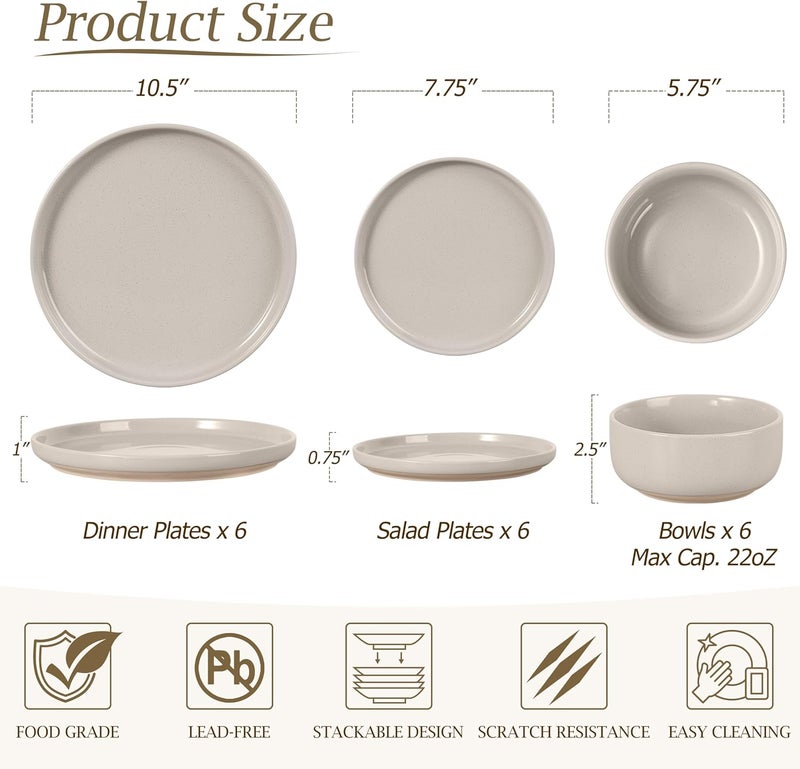 LIANYU Ceramic Dinnerware Sets for 6 18 Piece Dish Dinner Set for Dessert Salad Pasta Stoneware Kitchen Dining Plates and Bowls Chip  Scratch Resistant Milky Brown - Image 3