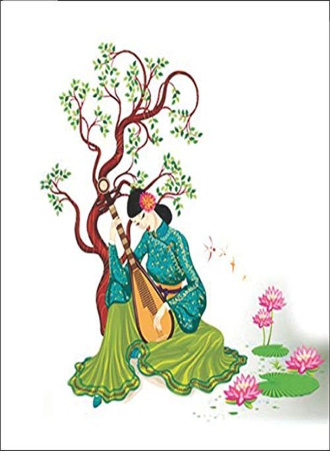 AH Decals Beautiful Women Playing Traditional Musical Chinese Lute Under Tree' Vinyl Wall Sticker (Green)-Self-Adhesive - Image 1