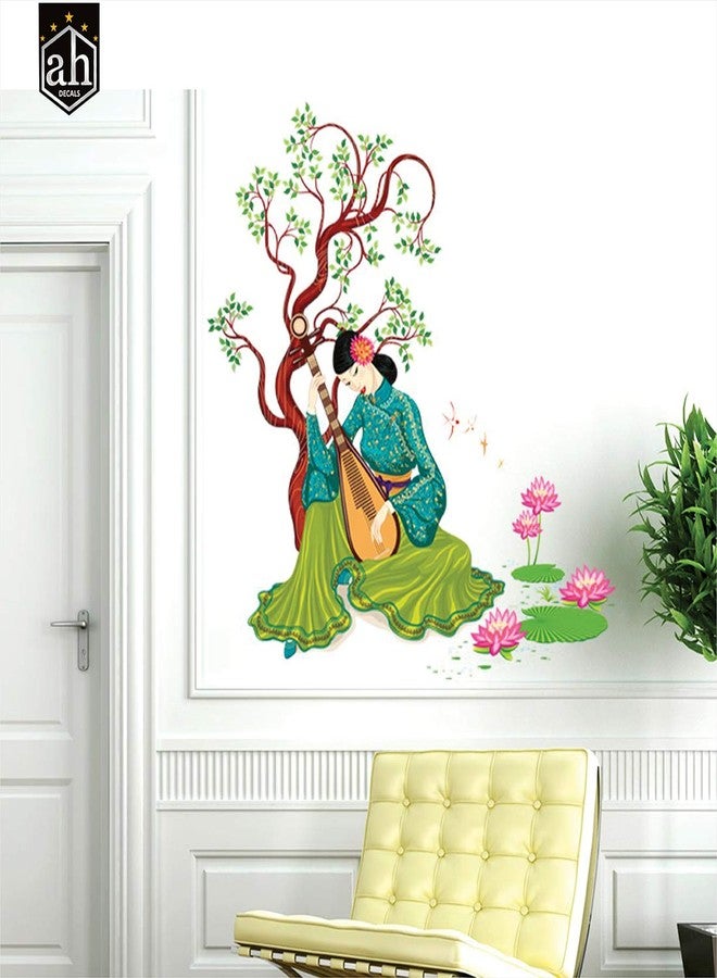 AH Decals Beautiful Women Playing Traditional Musical Chinese Lute Under Tree' Vinyl Wall Sticker (Green)-Self-Adhesive - Image 2