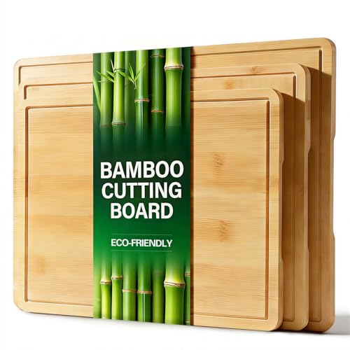 Zarler Bamboo Cutting Boards for Kitchen, 3 Piece Durable Wood Cutting Board with Juice Grooves and Handles, Wooden Chopping Board Set for Meal Prep, XL Size, Ideal Kitchen Gift - Image 1