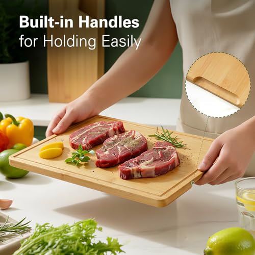 Zarler Bamboo Cutting Boards for Kitchen, 3 Piece Durable Wood Cutting Board with Juice Grooves and Handles, Wooden Chopping Board Set for Meal Prep, XL Size, Ideal Kitchen Gift - Image 4