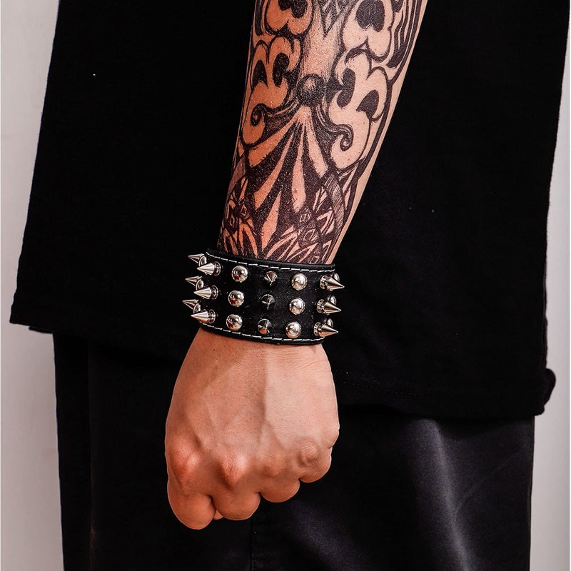 MILAKOO 2 Pcs Black Wristband Cuff Belt Bracelet Bangle Leather Rope Black Punk Rock Bracelet 6-8" - Image 4