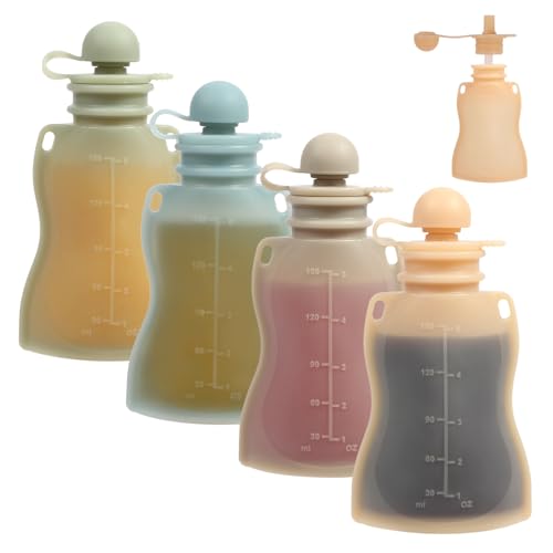 Eascrozn Reusable Baby Food Pouches, 4 Pack with Straw Squeezable Pouches for Toddlers, BPA-Free, Refillable Silicone Baby Food Storage Containers, 5 oz - Image 1