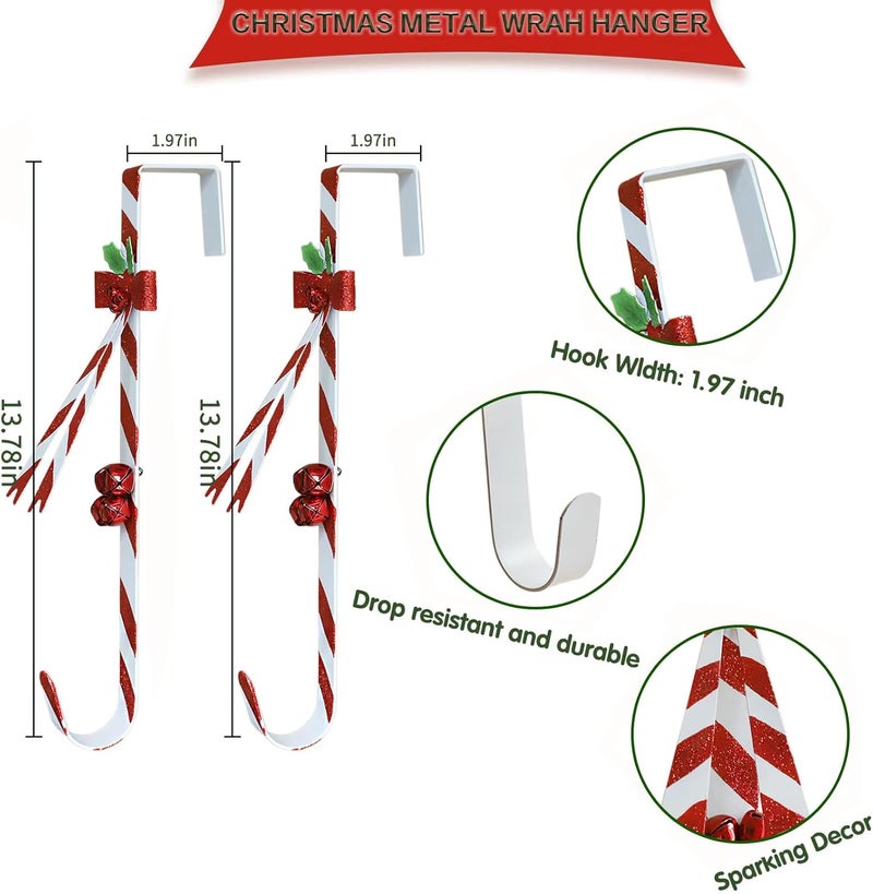 KEDONCHEN 2 Pack Wreath Hangers for Front Door,Christmas Decoration Metal Over The Door Wreath Hanger Ornament,Candy Cane Wreath Hanger - Image 3
