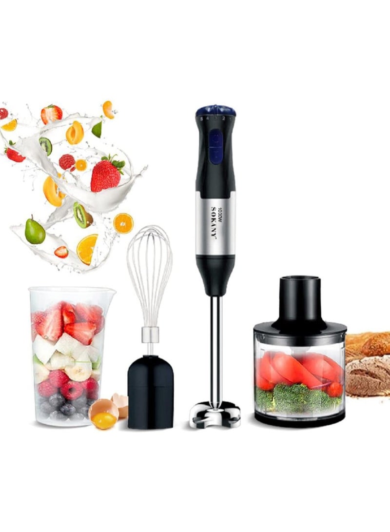 sokany 1000W Electric Hand Blender, 5-Speed, 4 in 1: Hand Blender, egg whisk, Meat Chopper, Measuring Cup 700ML, For Smoothies, Soups & Dips puree, Baby Food, Stainless Steel - Image 1