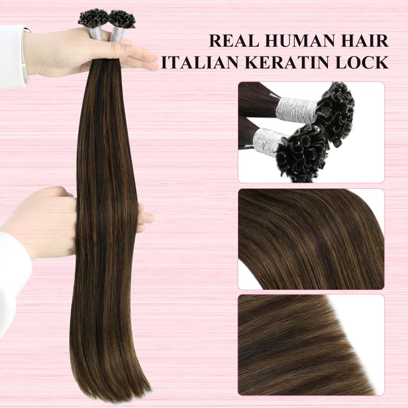 YoungSee K Tip Hair Extensions Real Human Hair Balayage U Tip Hair Extensions Human Hair Brown Utip Human Hair Extensions Brown with Brown Balayage U Tip Real Hair Extensions Straight 18In 50s/50G - Image 3