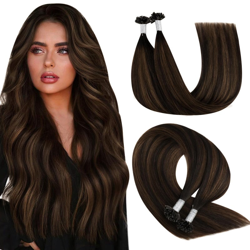 YoungSee K Tip Hair Extensions Real Human Hair Balayage U Tip Hair Extensions Human Hair Brown Utip Human Hair Extensions Brown with Brown Balayage U Tip Real Hair Extensions Straight 18In 50s/50G - Image 1
