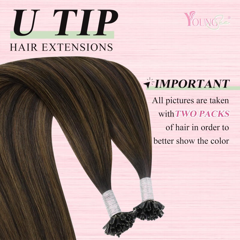 YoungSee K Tip Hair Extensions Real Human Hair Balayage U Tip Hair Extensions Human Hair Brown Utip Human Hair Extensions Brown with Brown Balayage U Tip Real Hair Extensions Straight 18In 50s/50G - Image 2