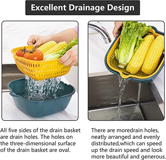 DANSR DANSR 6 Pieces Drain Colander Set 2in1Detachable MultiLayer Plastic Kitchen Food Strainer Fruits Vegetable Washing BasketsDrain Bowls for Cleaning Washing Blue 28 26 10 CM  - Image 3