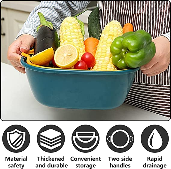DANSR DANSR 6 Pieces Drain Colander Set 2in1Detachable MultiLayer Plastic Kitchen Food Strainer Fruits Vegetable Washing BasketsDrain Bowls for Cleaning Washing Blue 28 26 10 CM  - Image 2