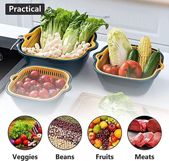 DANSR DANSR 6 Pieces Drain Colander Set 2in1Detachable MultiLayer Plastic Kitchen Food Strainer Fruits Vegetable Washing BasketsDrain Bowls for Cleaning Washing Blue 28 26 10 CM  - Image 5