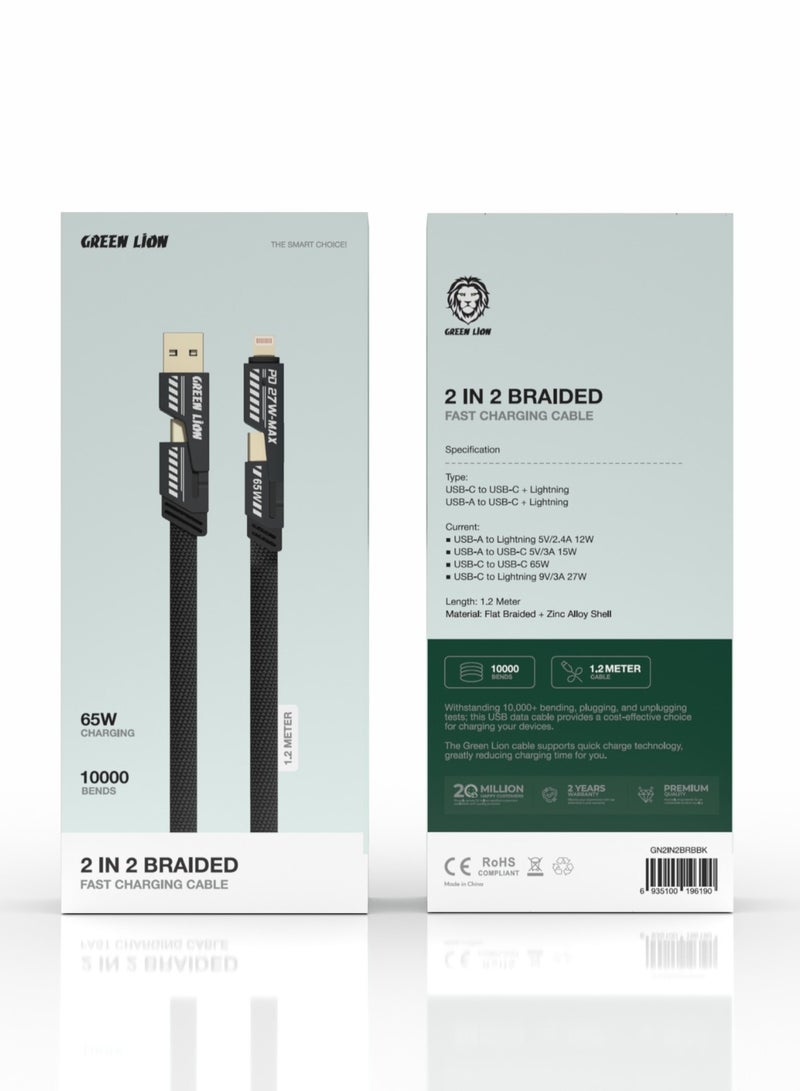 GREEN LION 2 in 2 Braided Cable C to C+L and A to C+L 1.2m 65W / Wide Compatibility / Charge & Sync / Secure & Safe / Fast Charging Cable / High-Speed/ Tangle-Free Wire - Black - Image 2